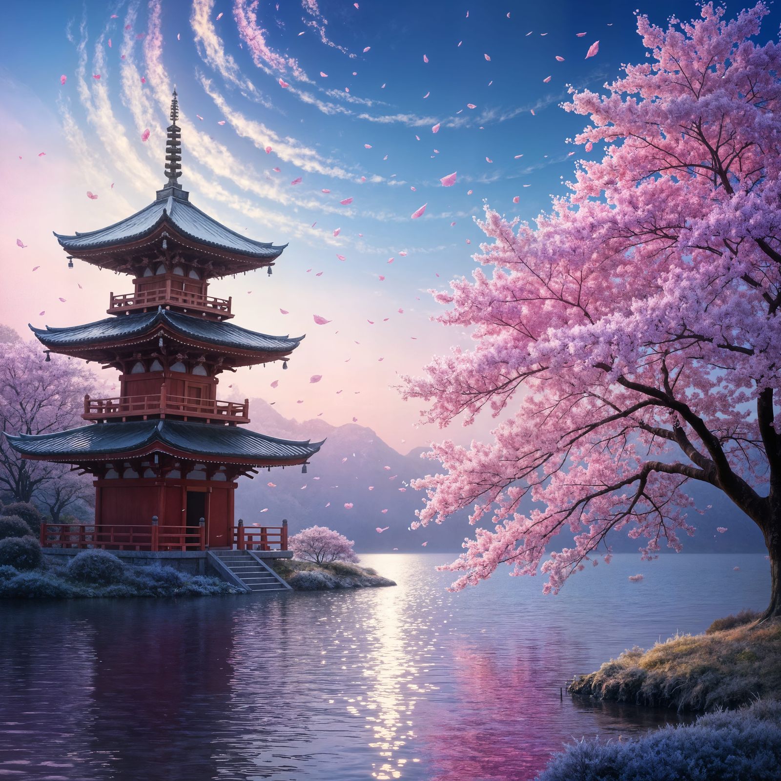 Whimsical Cherry Blossom Scene with Pagoda and Lake