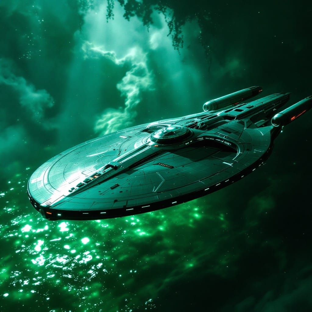 Majestic Starship Enterprise Sails Through Eerie Green Water
