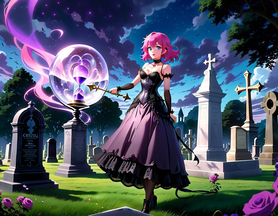 Anime Magic User in Cemetery, Studio Ghibli Style