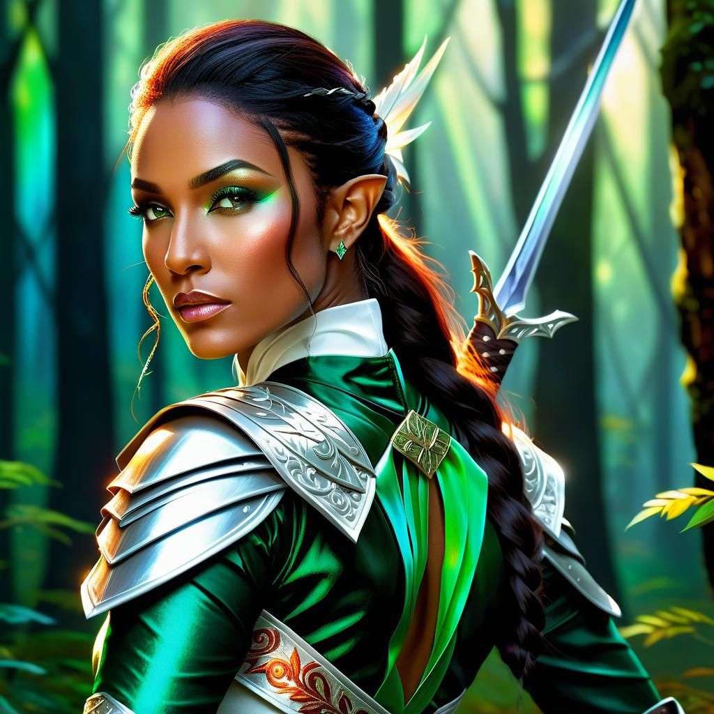 Half-Elf Ranger in Forest, as Vibrant Oil Painting
