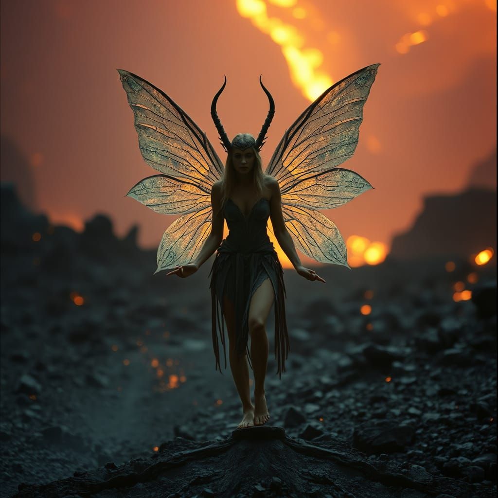Ethereal Fairy Amidst Volcanic Ruins