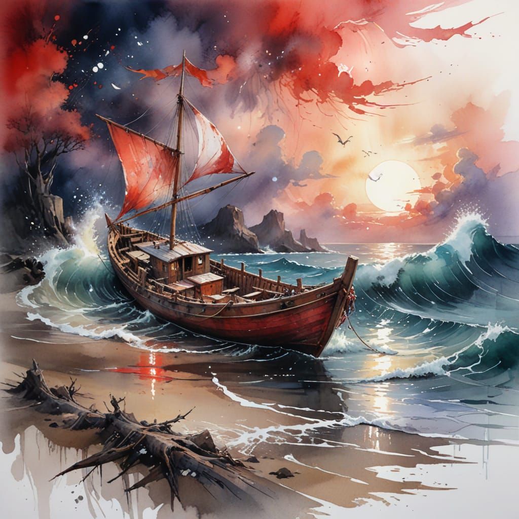 Moonlit Boat: A Stylized Watercolour Adventure