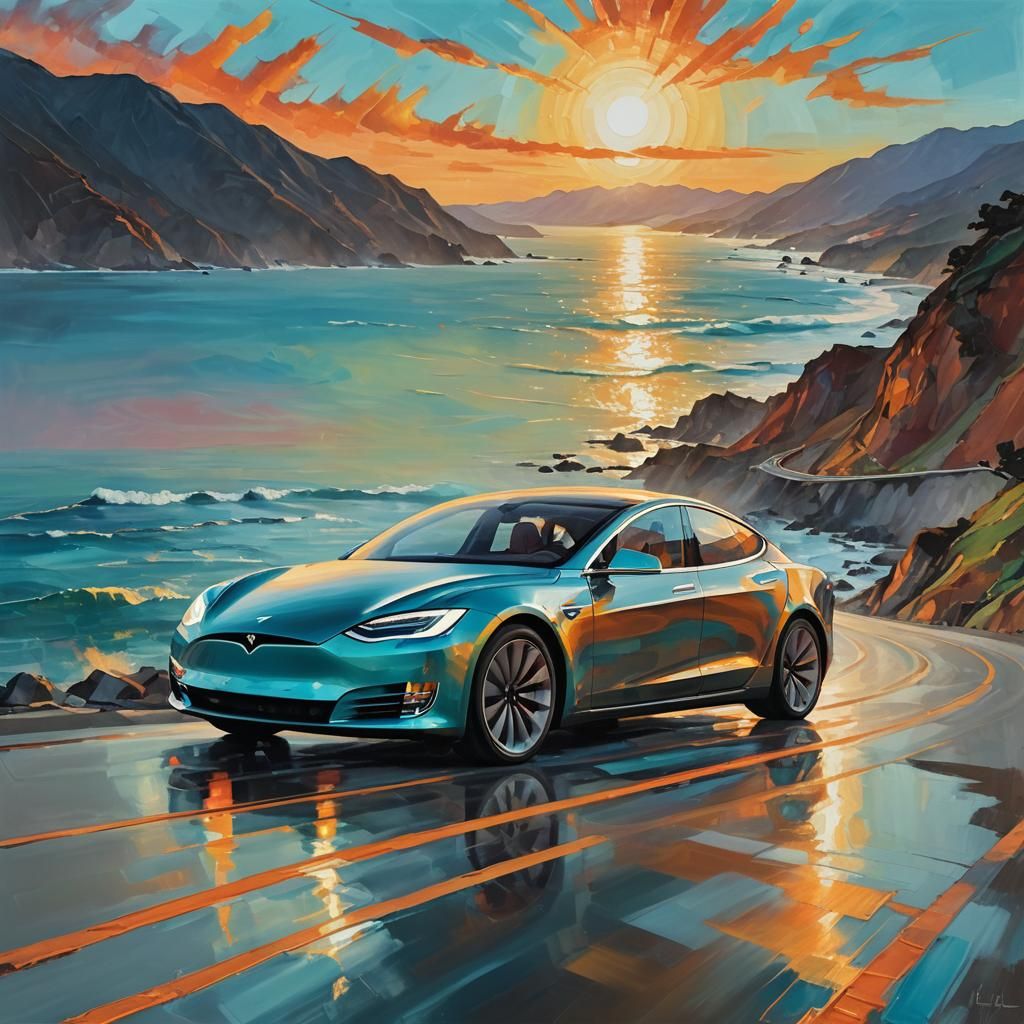 Tesla on Pacific Coast Highway: Expressionist Oil Painting