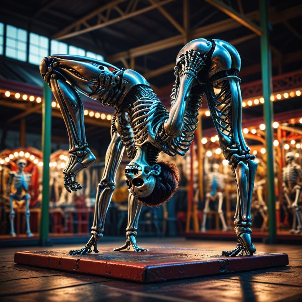 Chrome Skeleton Handstand in Colorful Circus