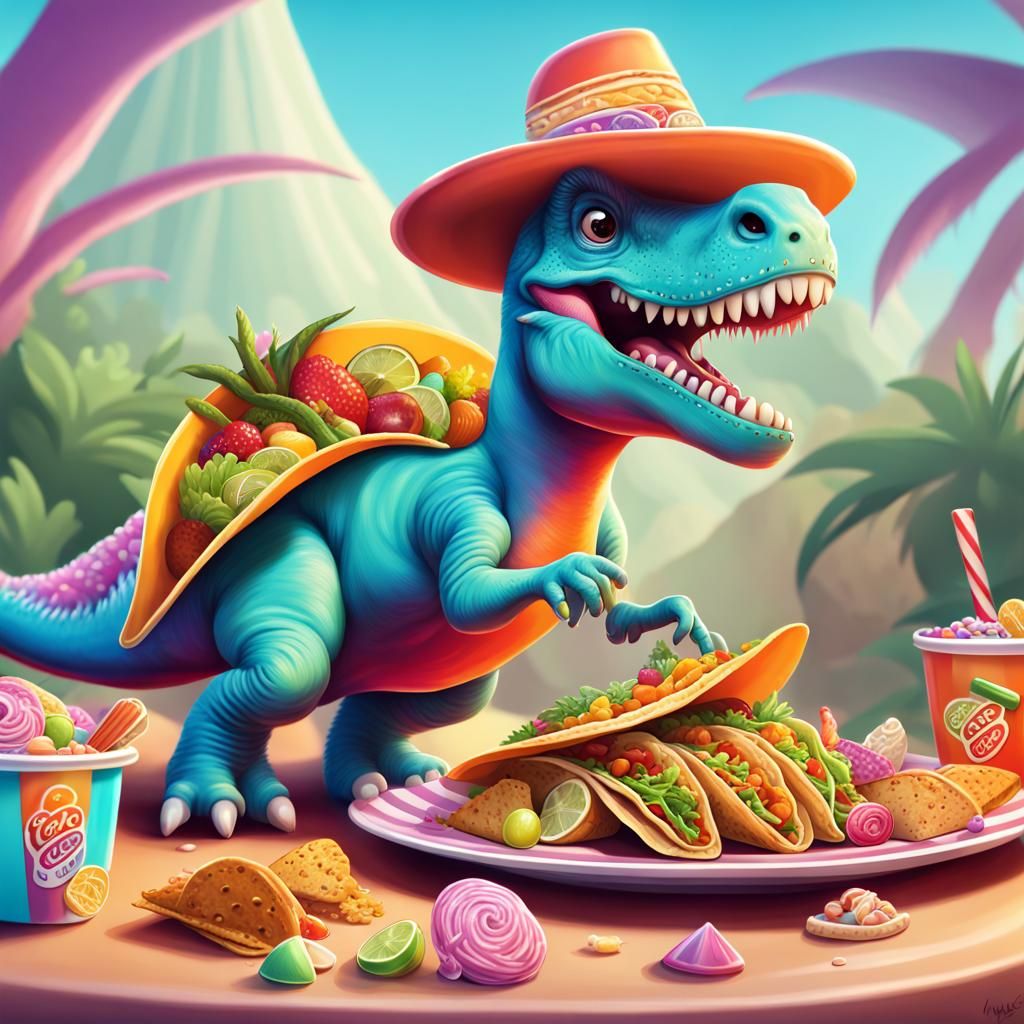 Cute Dinosaur Eating Tacos in Candy Art Style