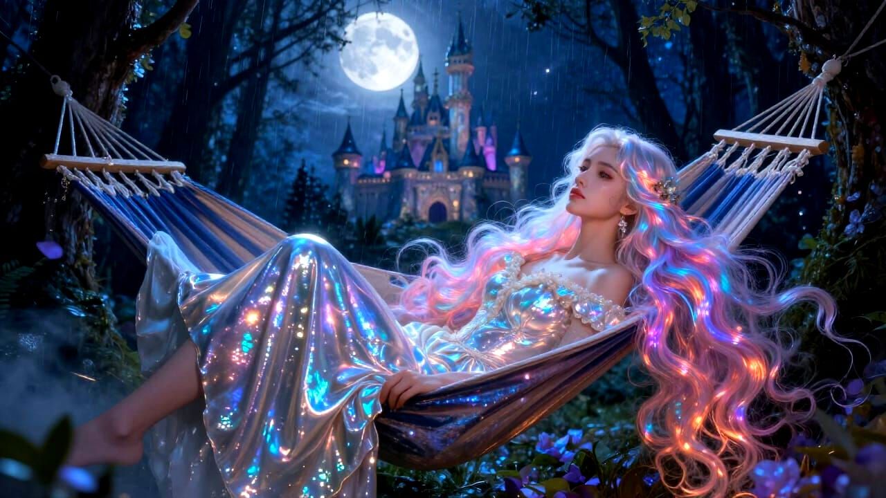 Princess with Flowy Holographic Hair in Fantasy Forest