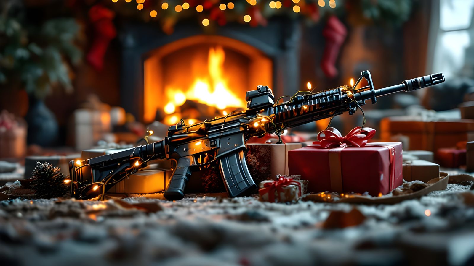 M16 Rifle with Christmas Lights by Fireplace