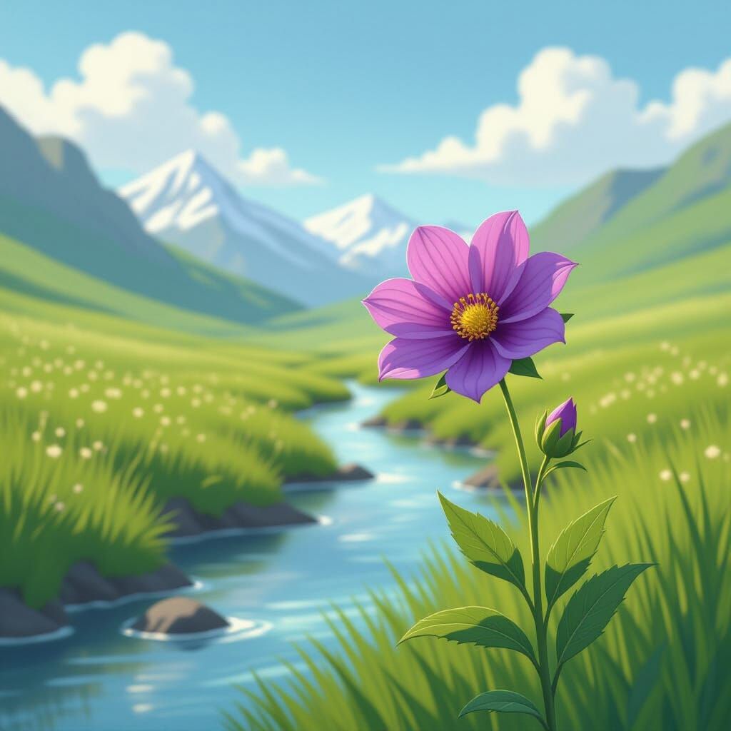 Purple Wildflower in Sunlit Valley, Ghibli-esque