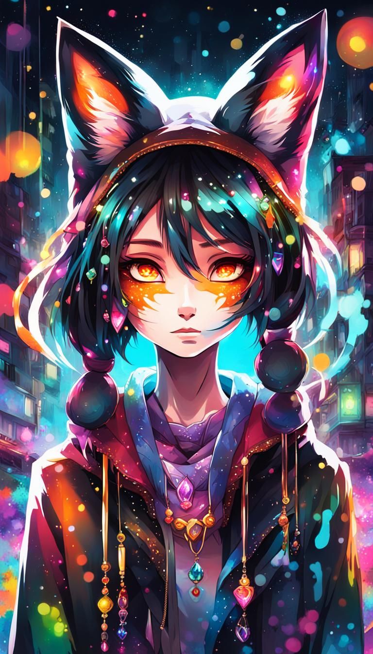 Mystic Fox Woman in Anime Graffiti Style