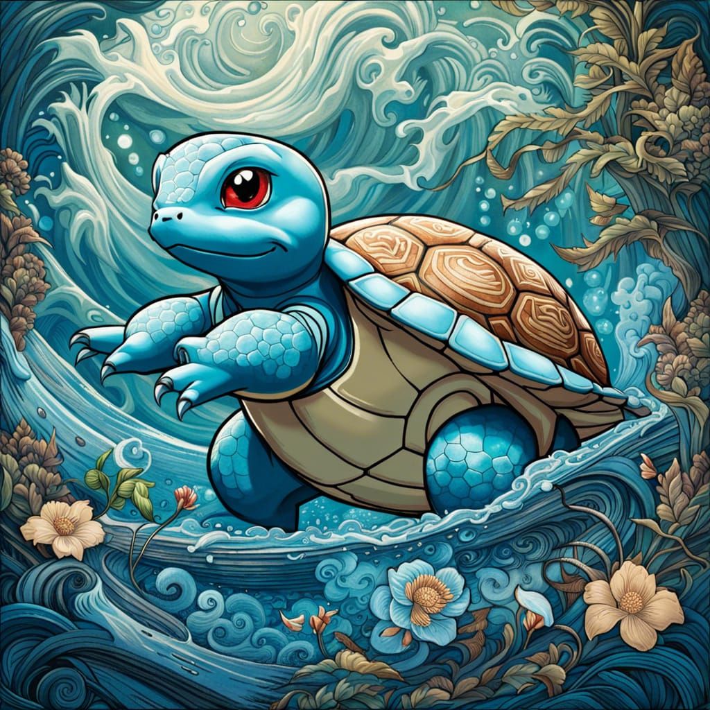 Squirtle with Water Motifs in Japanese Style
