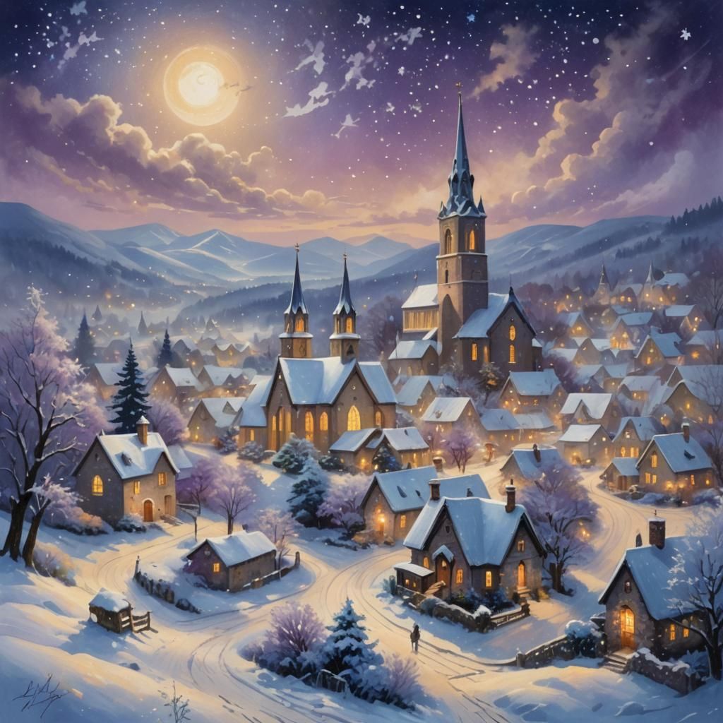 Snowy Village Christmas Scene as Gouache Painting