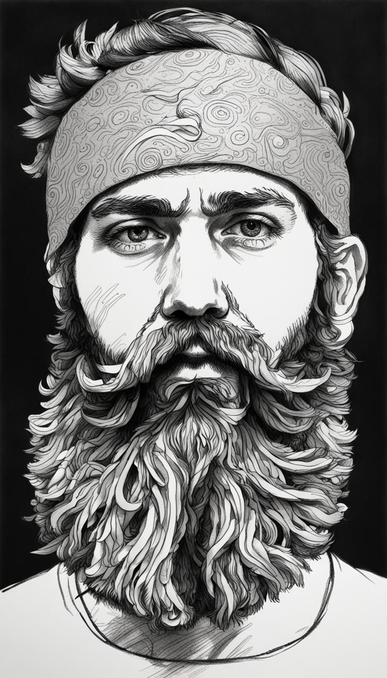 a drawing of a man wearing a beard with a headband, in the style of olympus pen f, kinetic sculptor, tenebrism mastery, ...