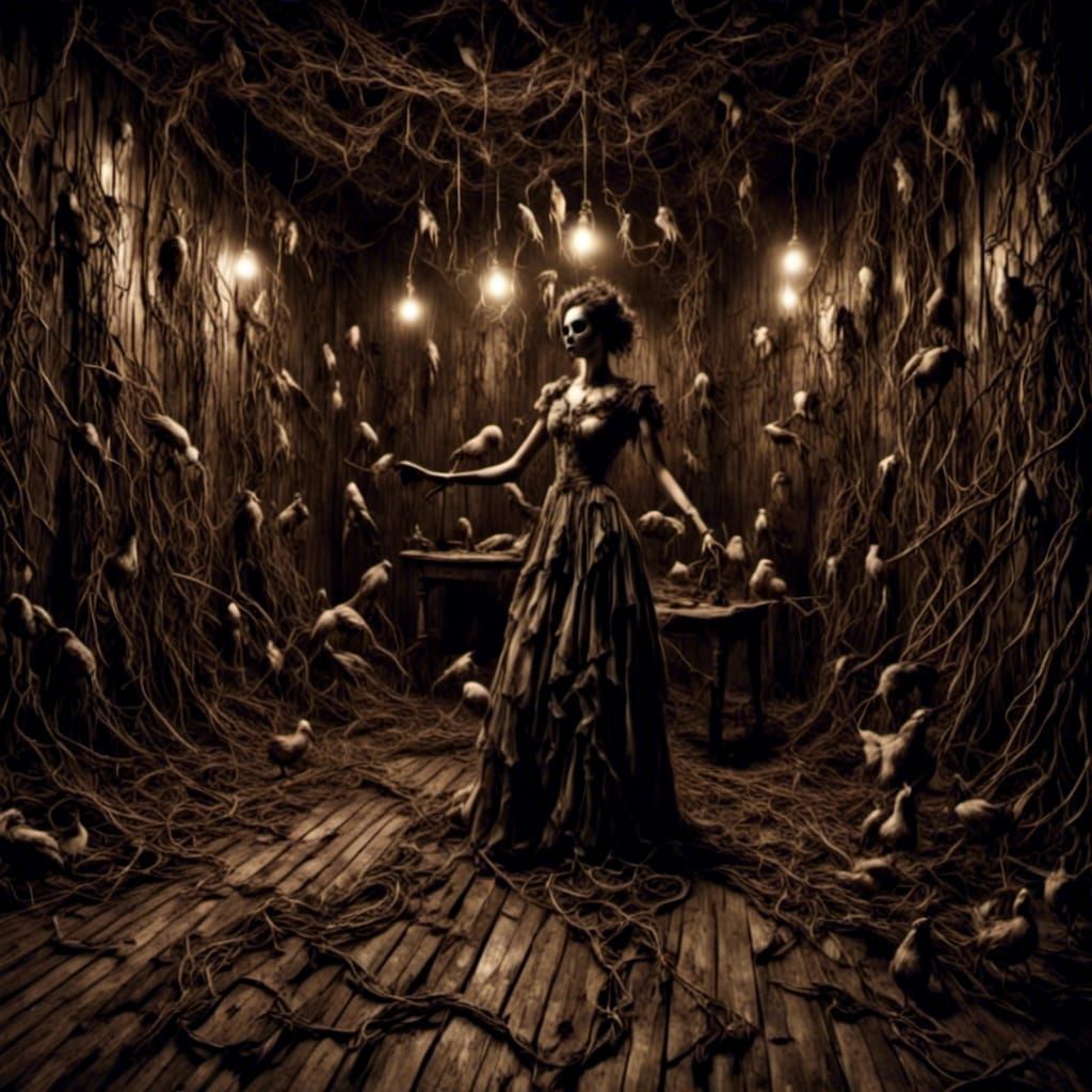 Terrifying Cellar Scene with Glowing Creatures