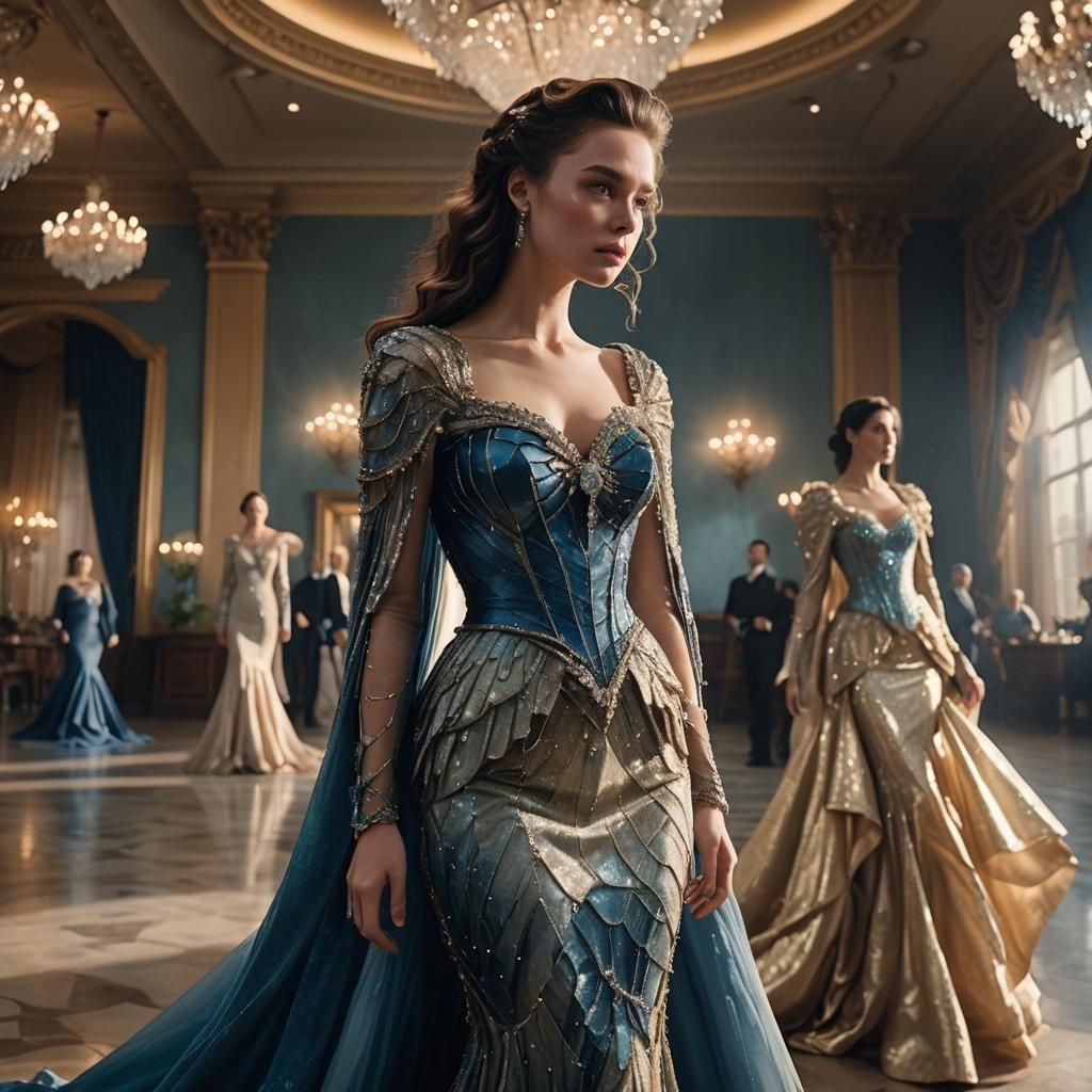 Woman in Crystal Dress in Grand Ballroom