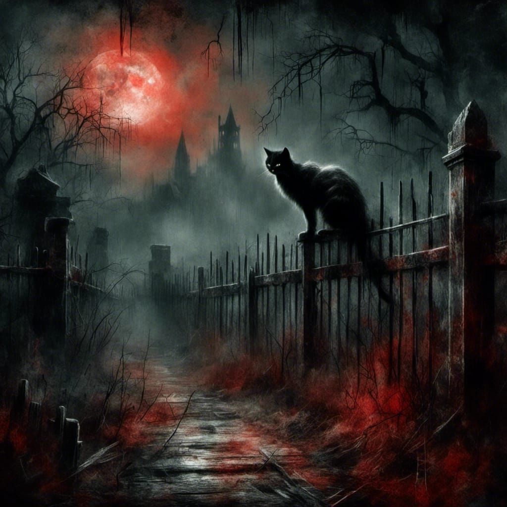 Terrifying Ghostly Black Cat Under Blood Moon