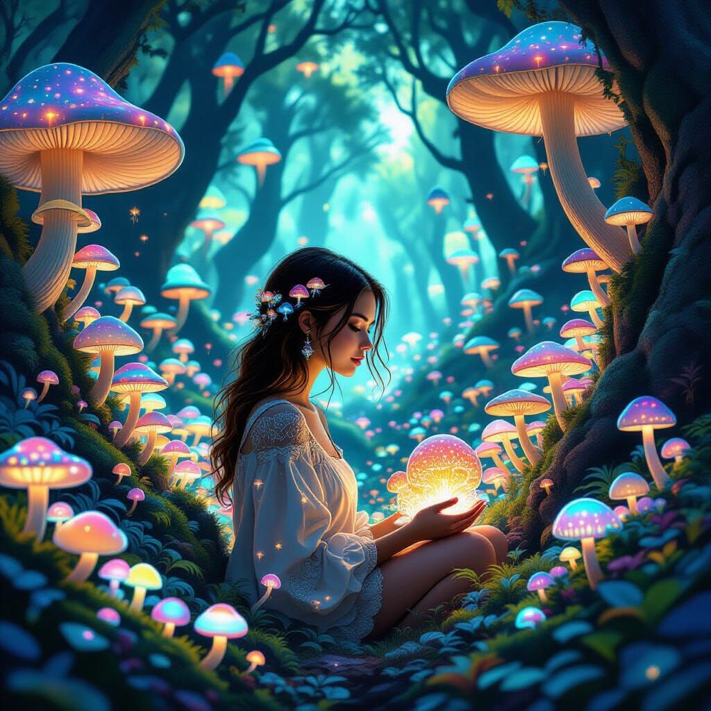 Enchanted Forest: Bioluminescent Mushrooms in a Kaleidoscopi...