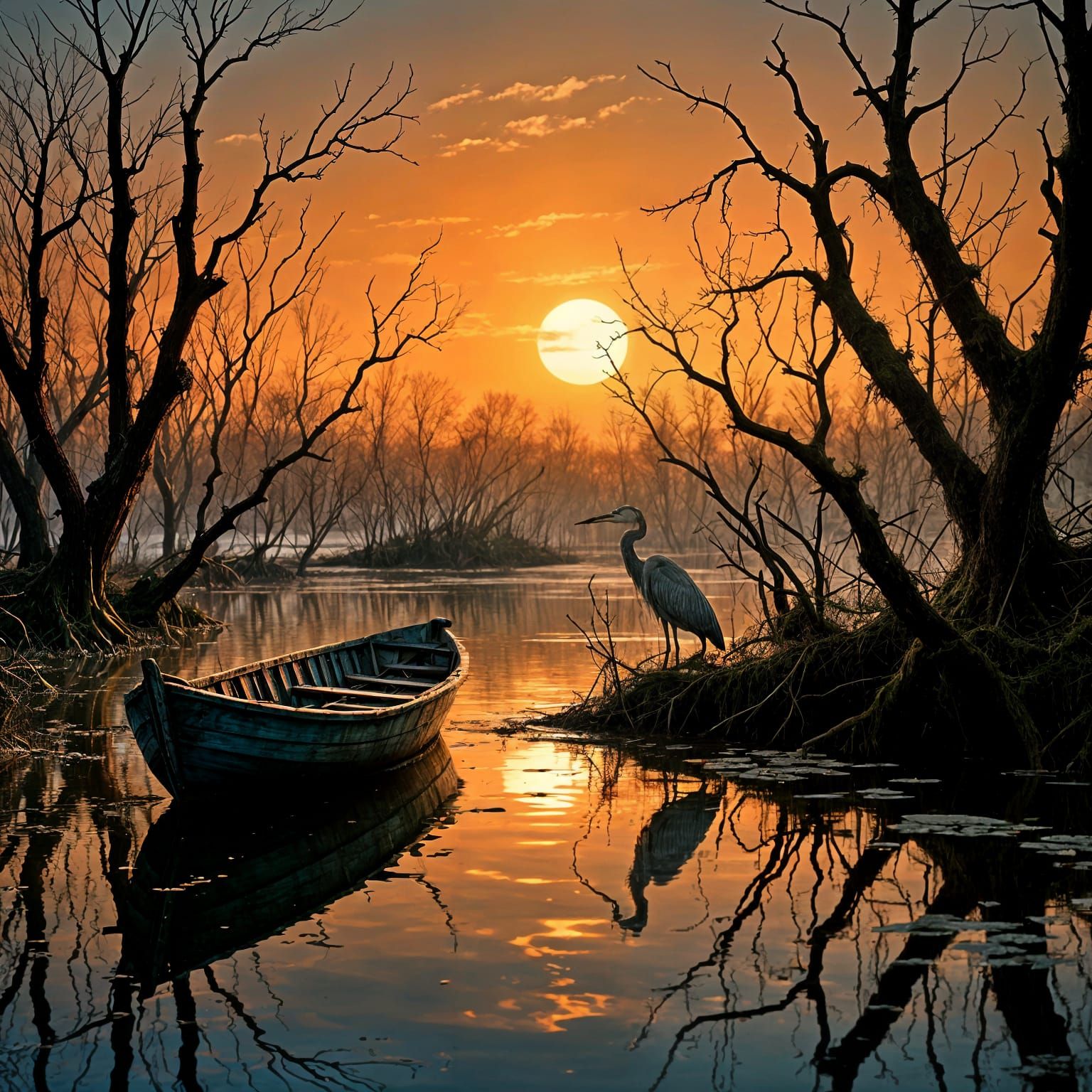 Serene Heron on Flooded Boat at Sunset