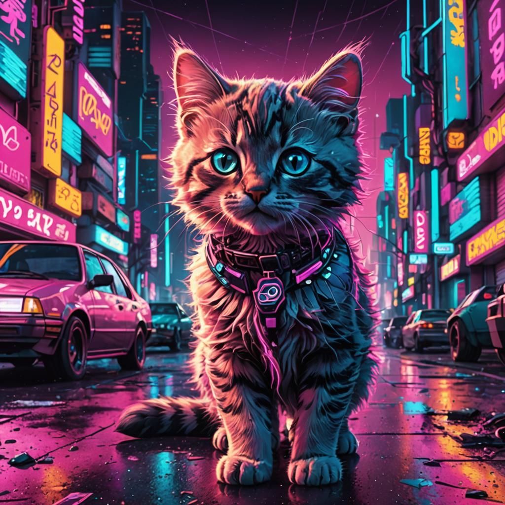 Synthwave Kitten Prowling Cyberpunk City Street
