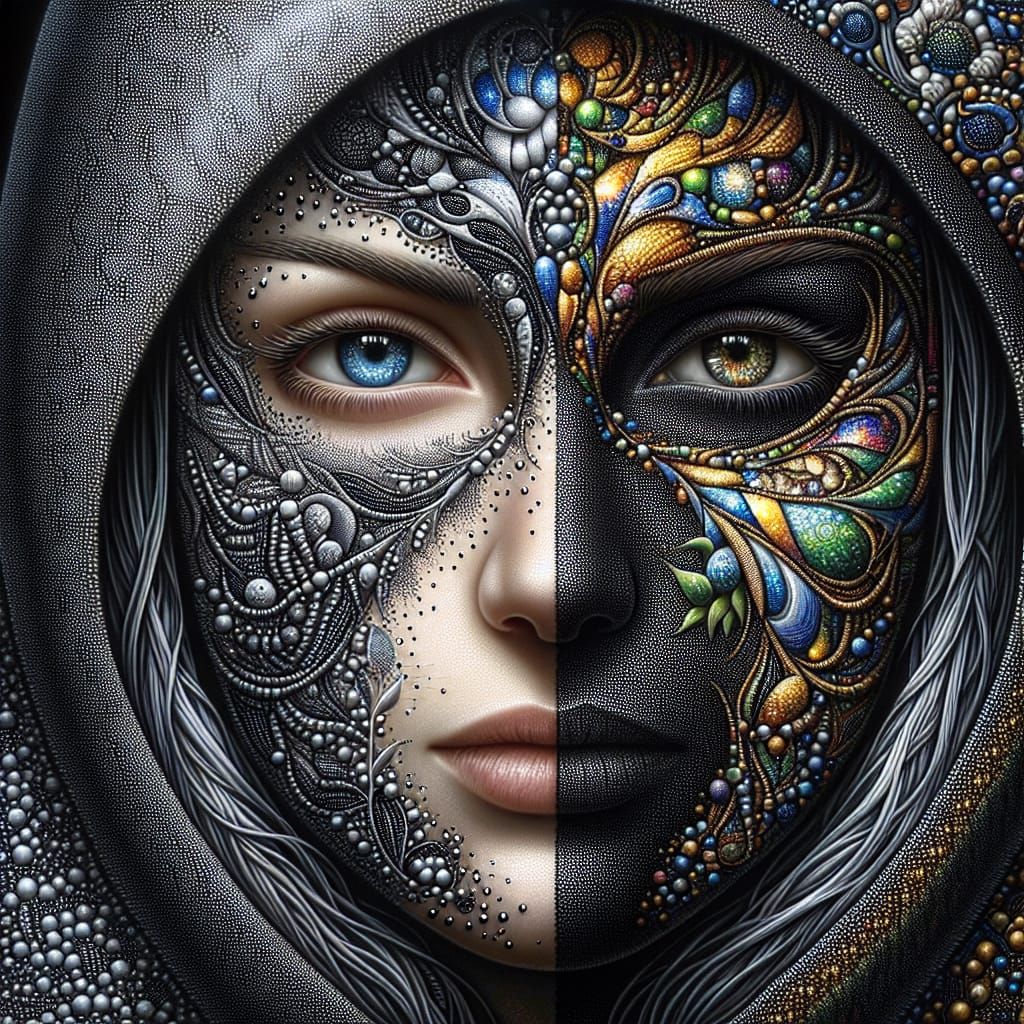 Surreal Portrait of Hooded Woman in Pointillism