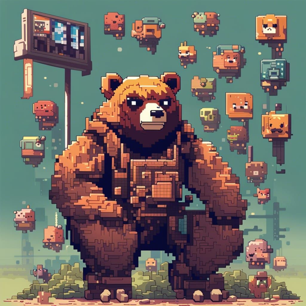 Pixelated Guerrilla Bear Character in Anime Style