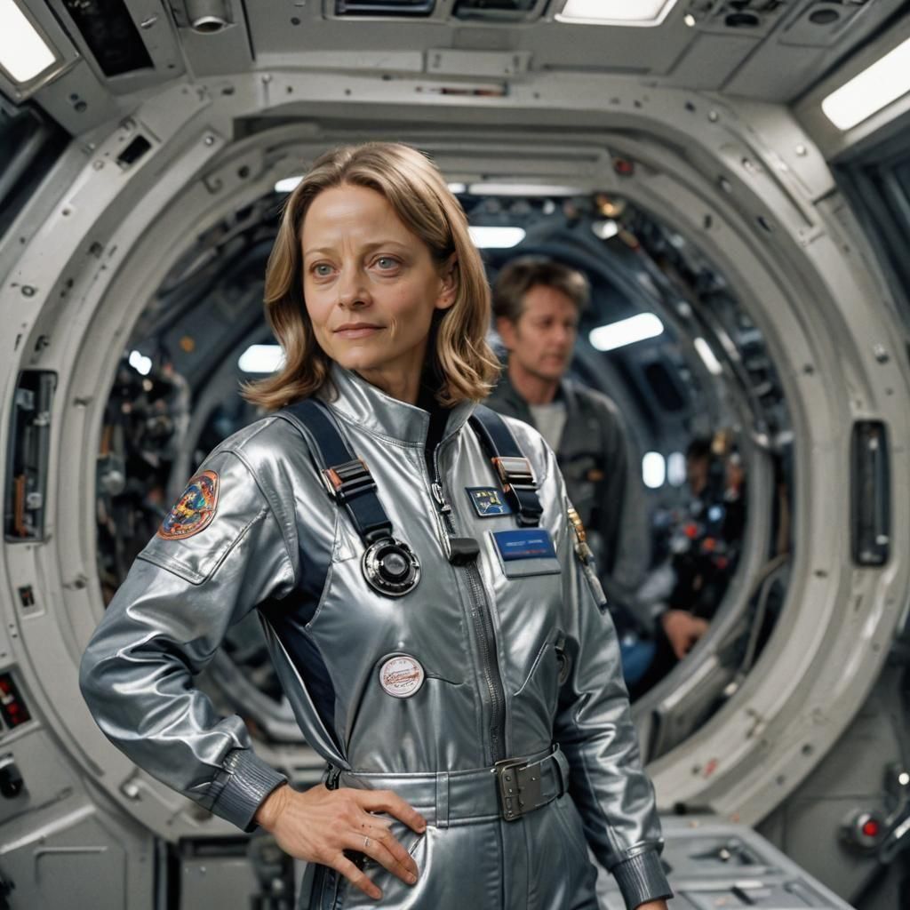 Jodie Foster in Futuristic Overalls Inside Spaceship