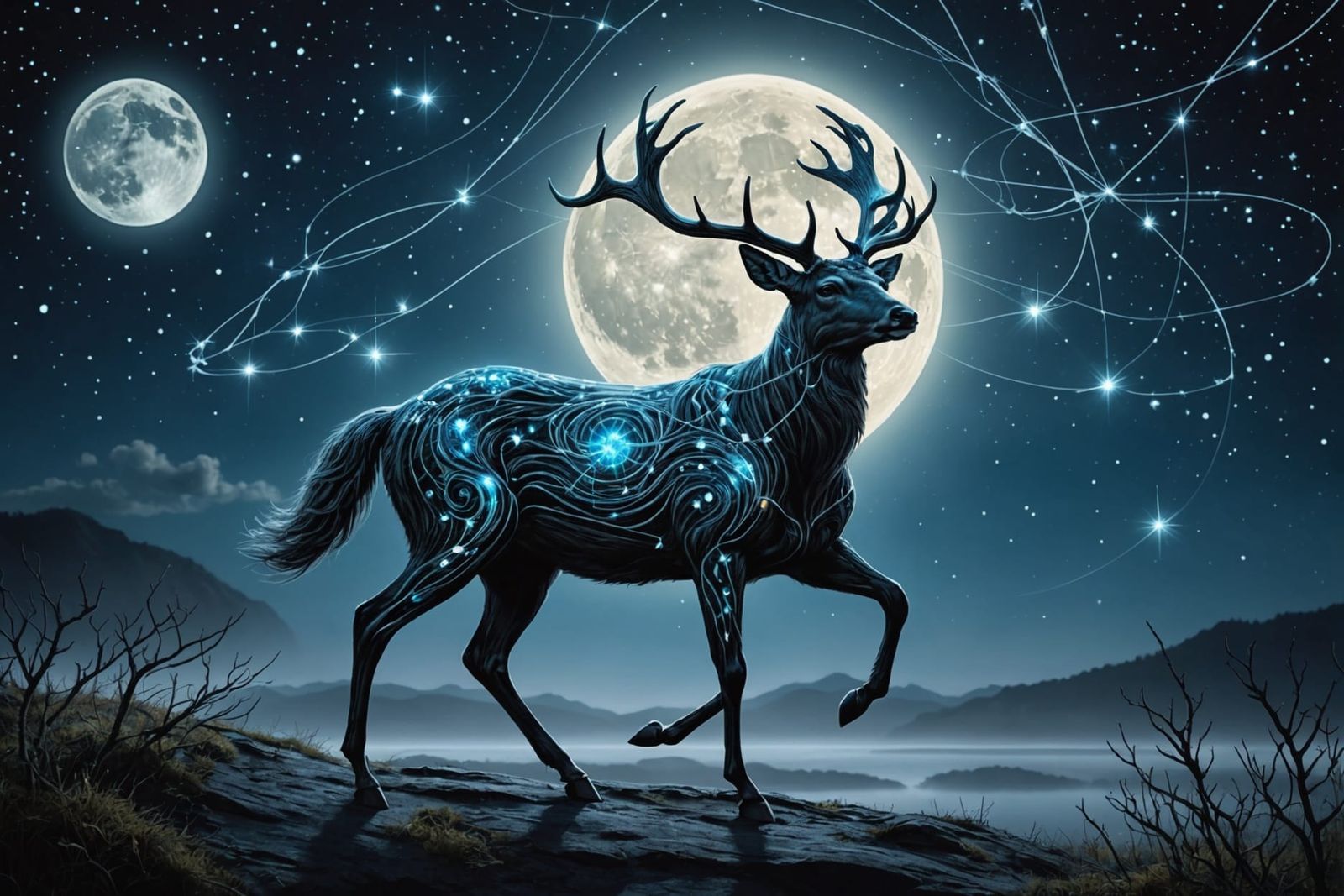 Mystic Deer Galloping Through Starry Sky