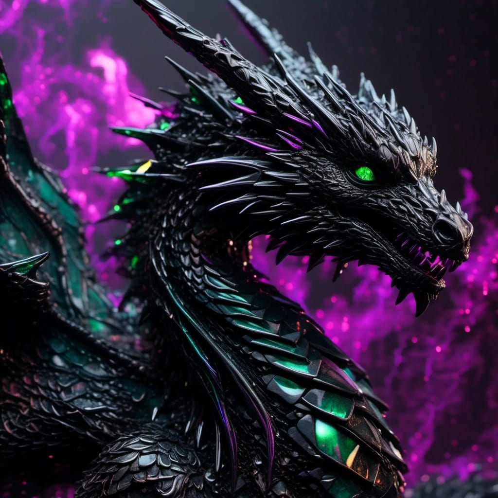 Black Emerald Crystal Dragon with Black Smoke