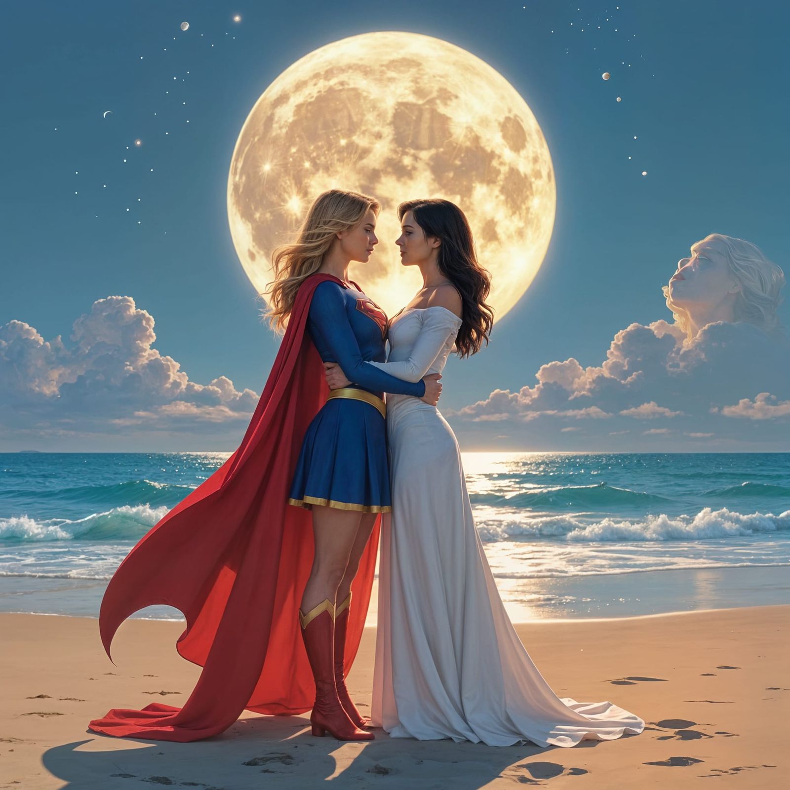 Supergirl and Lois Lane Embrace Under Moonlight