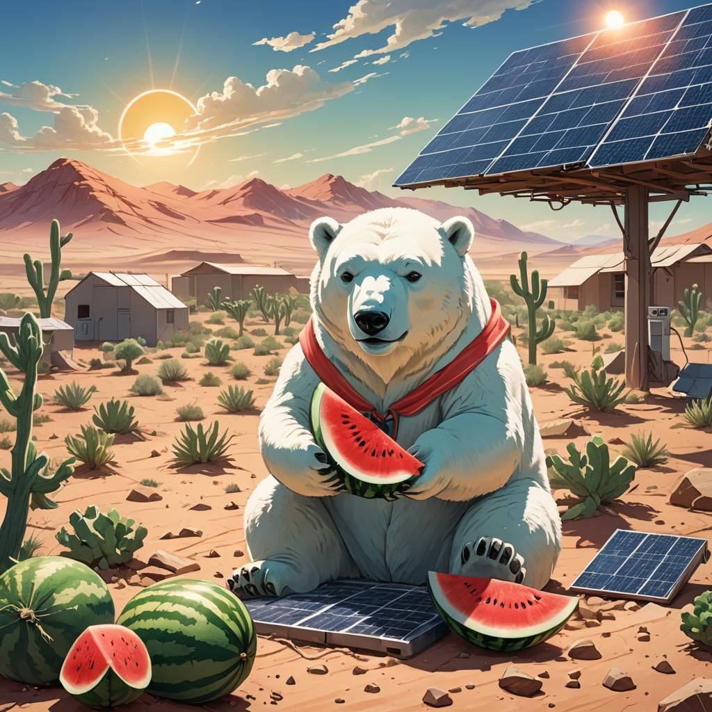 Polar bear in a desert cutting open a watermelon underneath ...