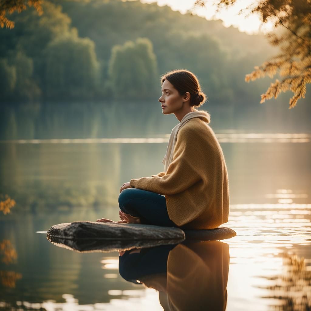 Serene Woman in Zen by Lake at Golden Hour