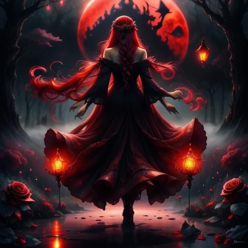 Red-Haired Fairy in Glowing Rose Forest