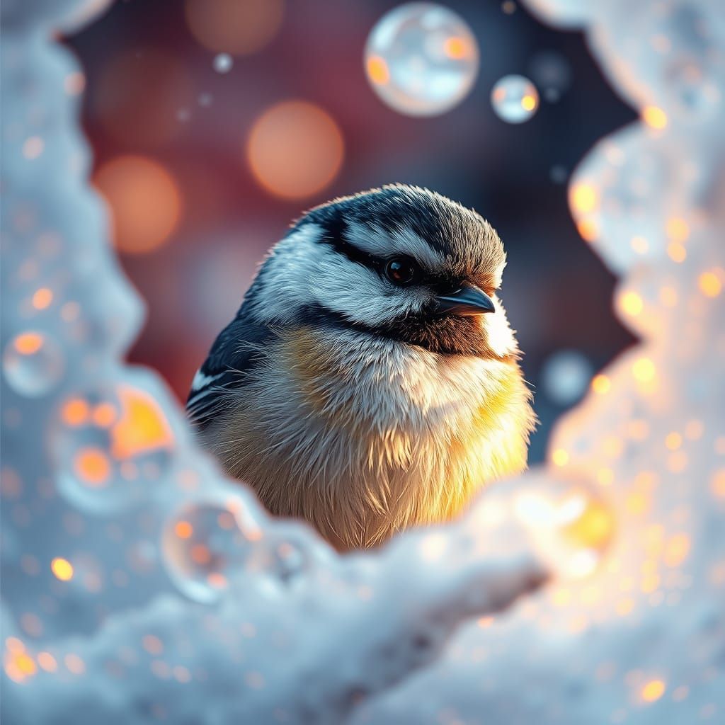Hyperrealistic Chickadee in Frosty Glass