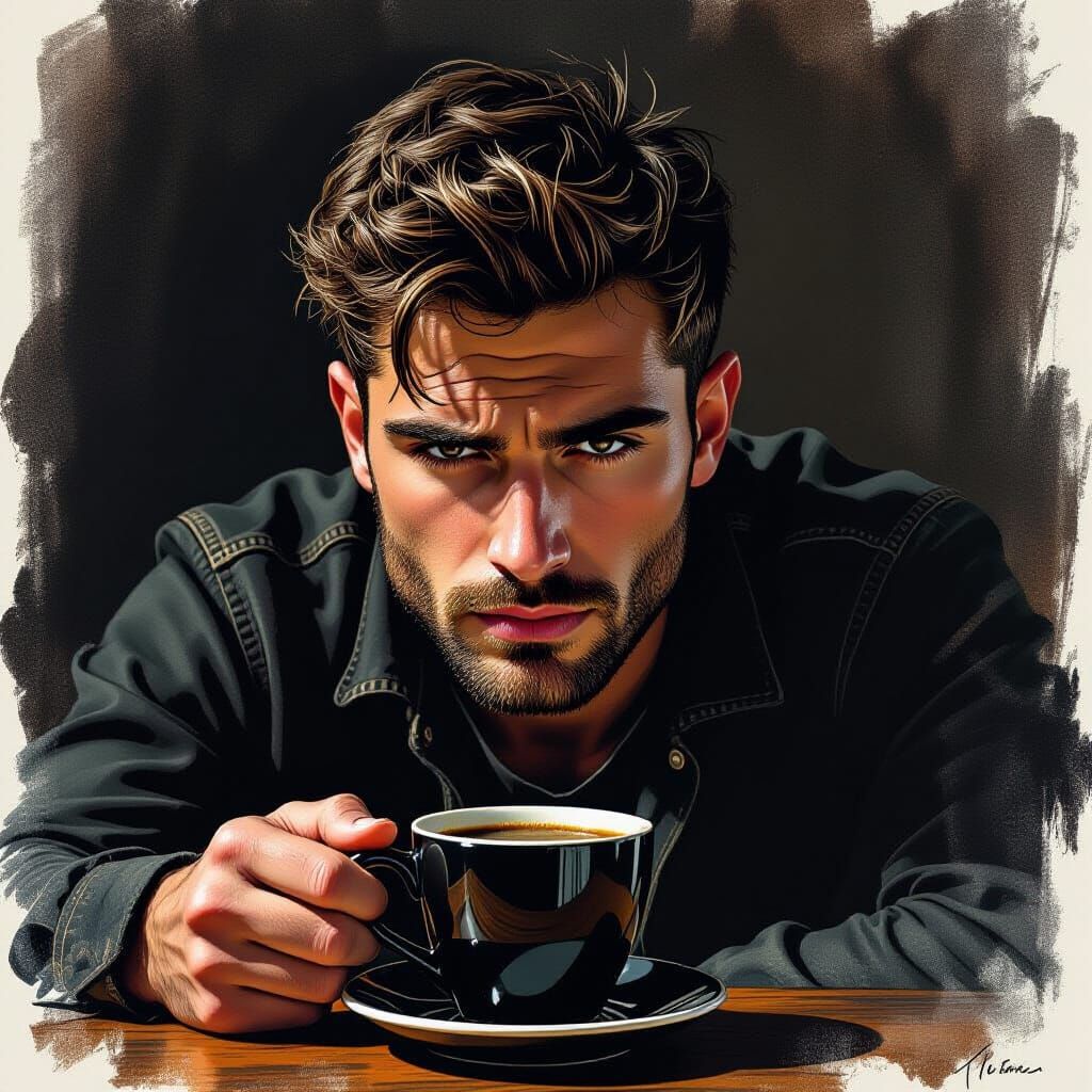 Melancholy Man Contemplates Coffee: Charcoal Art