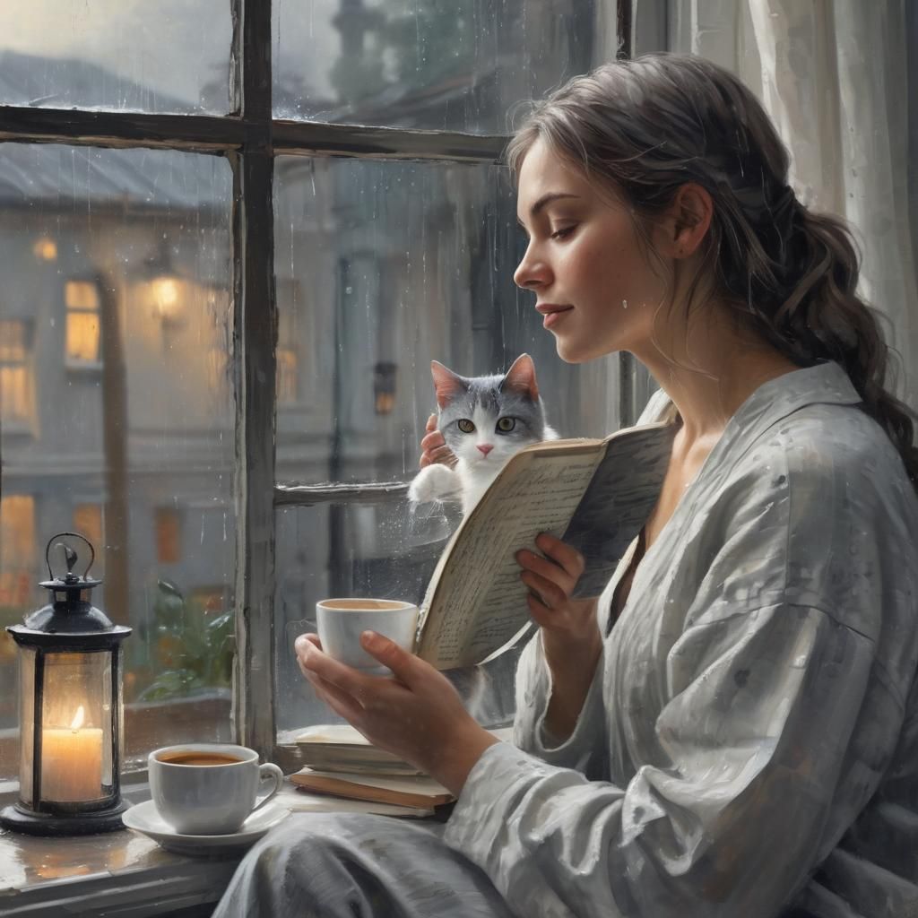 Cozy Rainy Day: Woman Reading with Cat