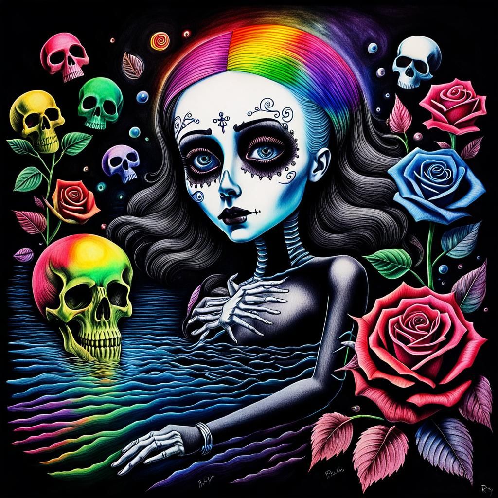 Goth Woman in Pain: Surreal Crayon Drawing