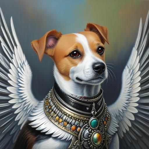 A jack russell dog wearing a jewelled silver wings