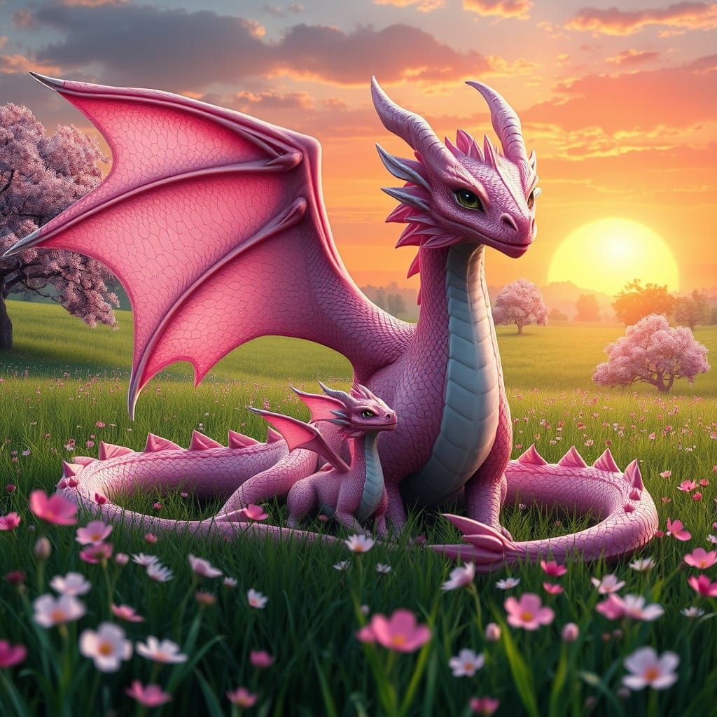Vibrant Pink Dragon Family in a Sunset Meadow