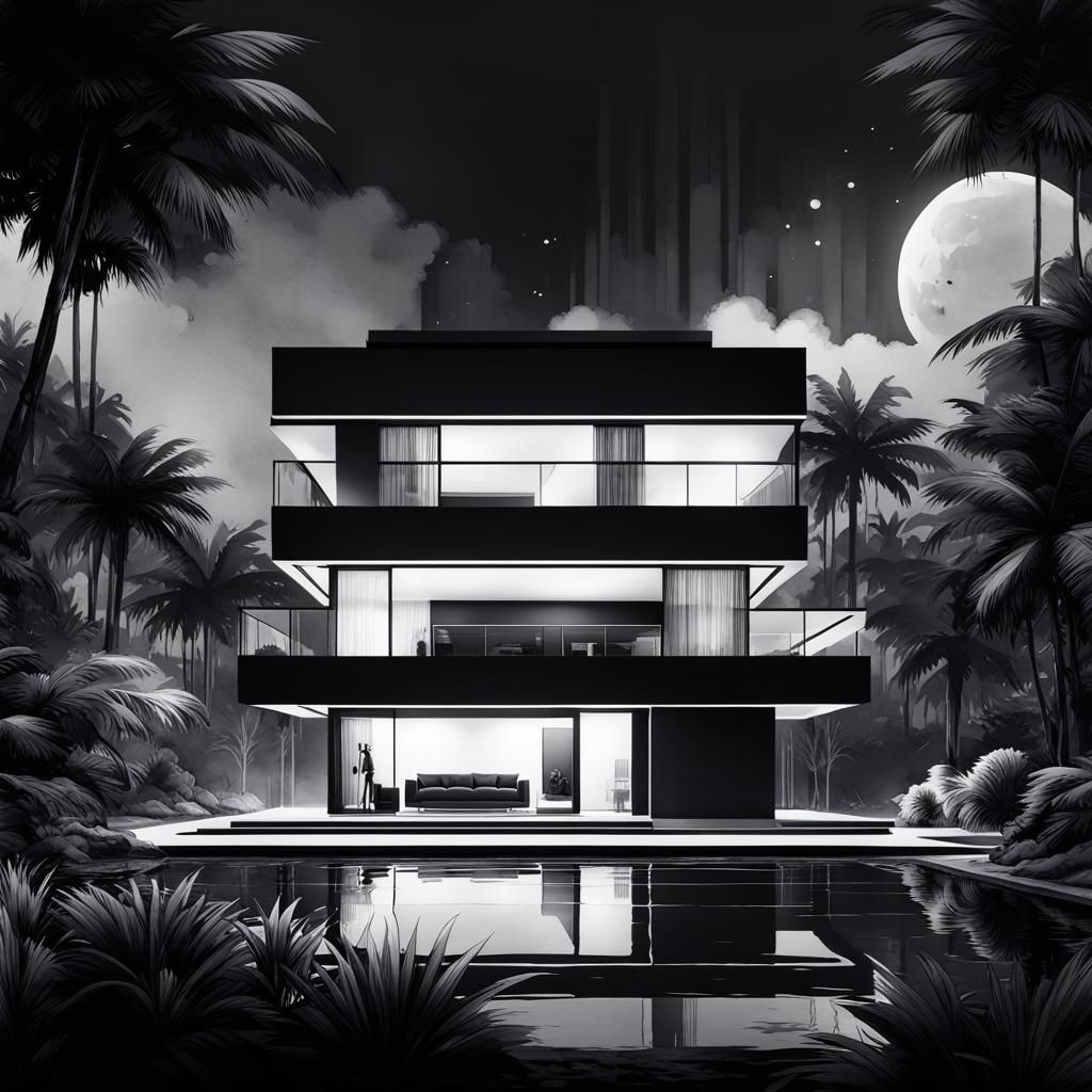 Modern Mansion in Cyberpunk Watercolor Style