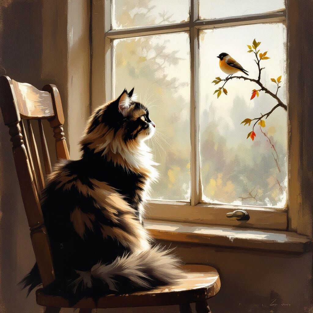 Ragamuffin Cat Gazes at Bird by Window in Painterly Style