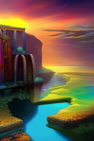 Ethereal Ancient Ruin Reflected in Pool: Surreal Impressioni...