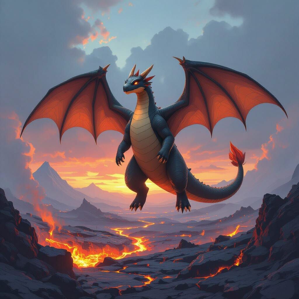 Charizard Flies Over Volcano in Realistic Fantasy Art
