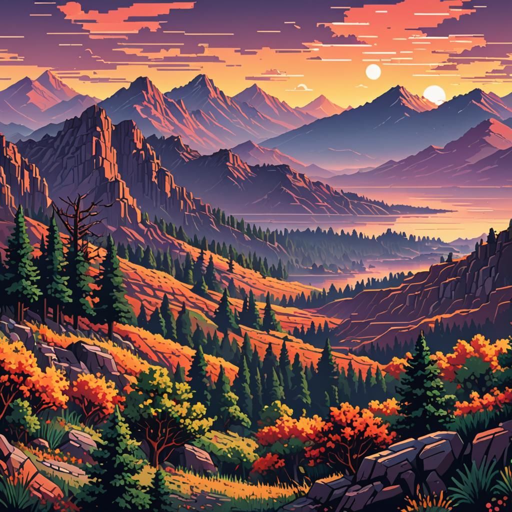 Pixel Art Landscape with Mountains and Bright Sky