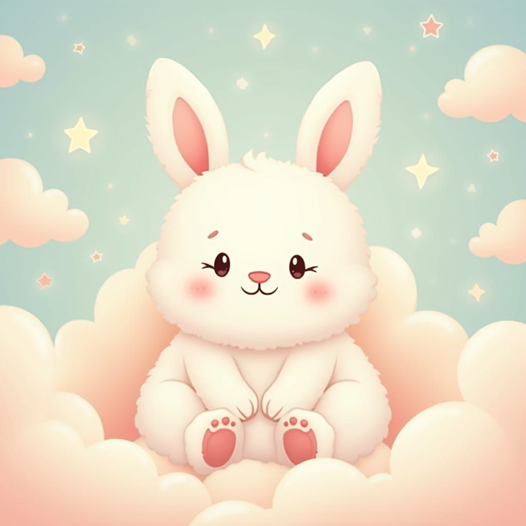Kawaii Baby Bunny in Pastel Nursery Cloud Scene