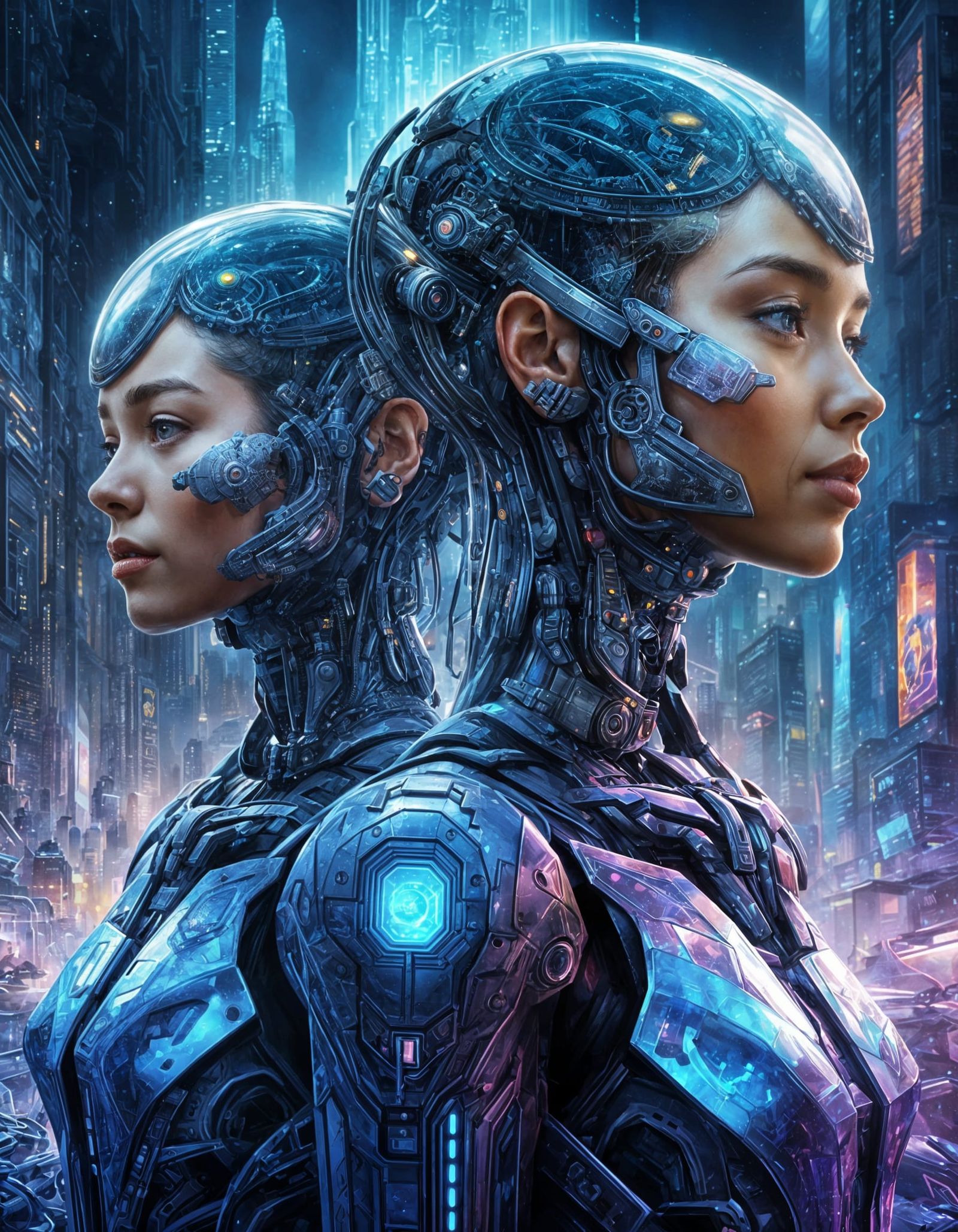 Futuristic Cityscape Double Exposure With Cybernetic Women