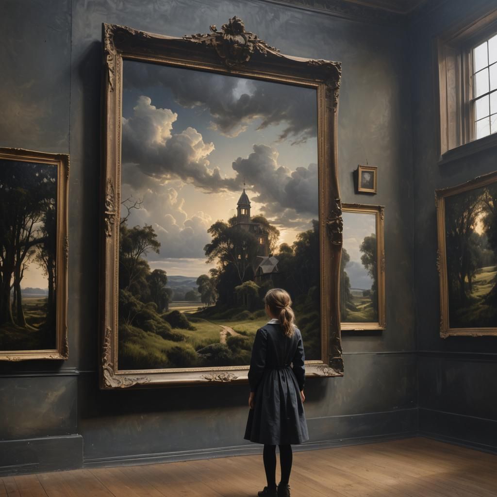 Girl Gazing at Victorian Landscape Painting