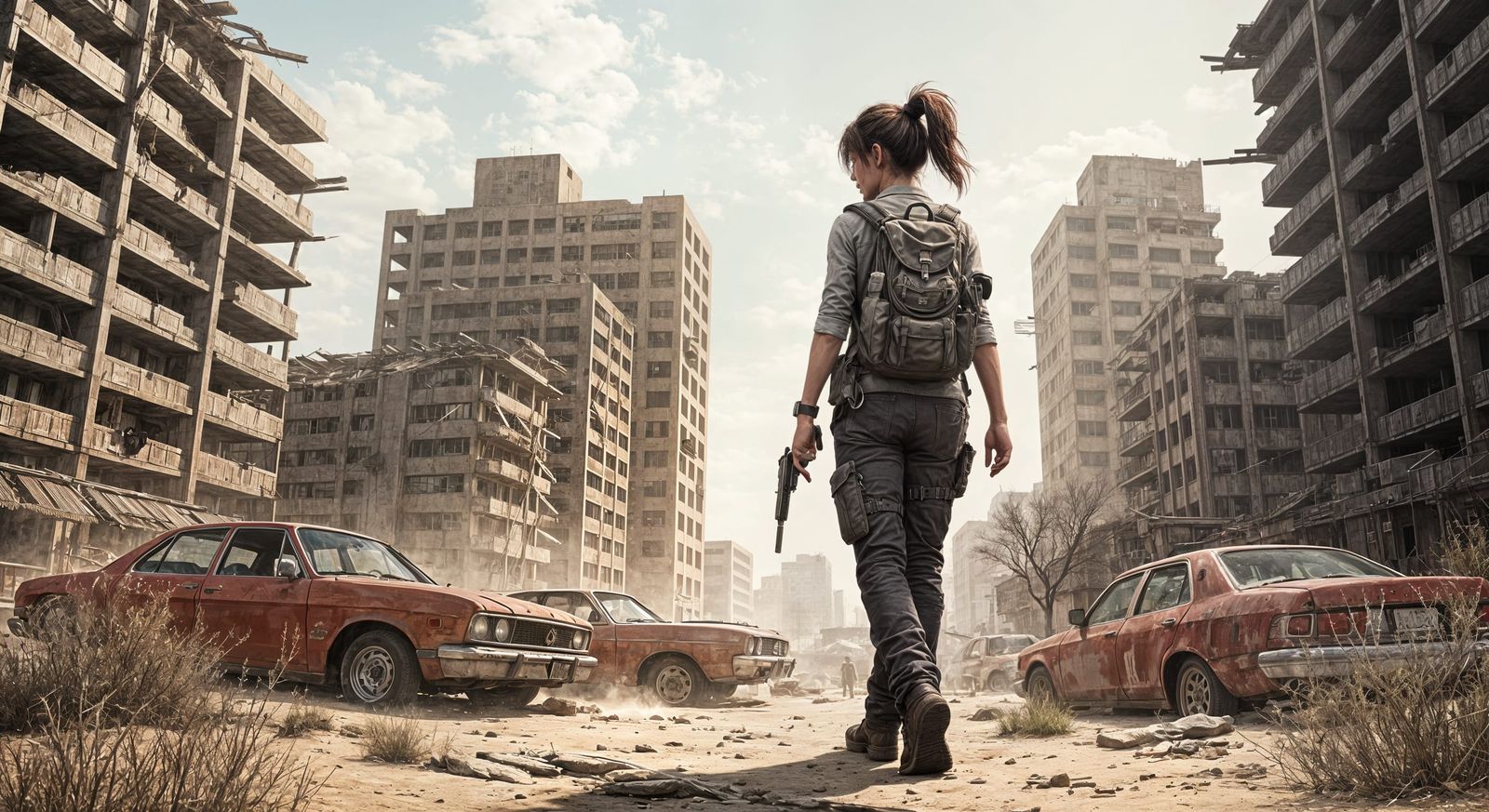 Wasteland Dweller in Desolate City at Sunset