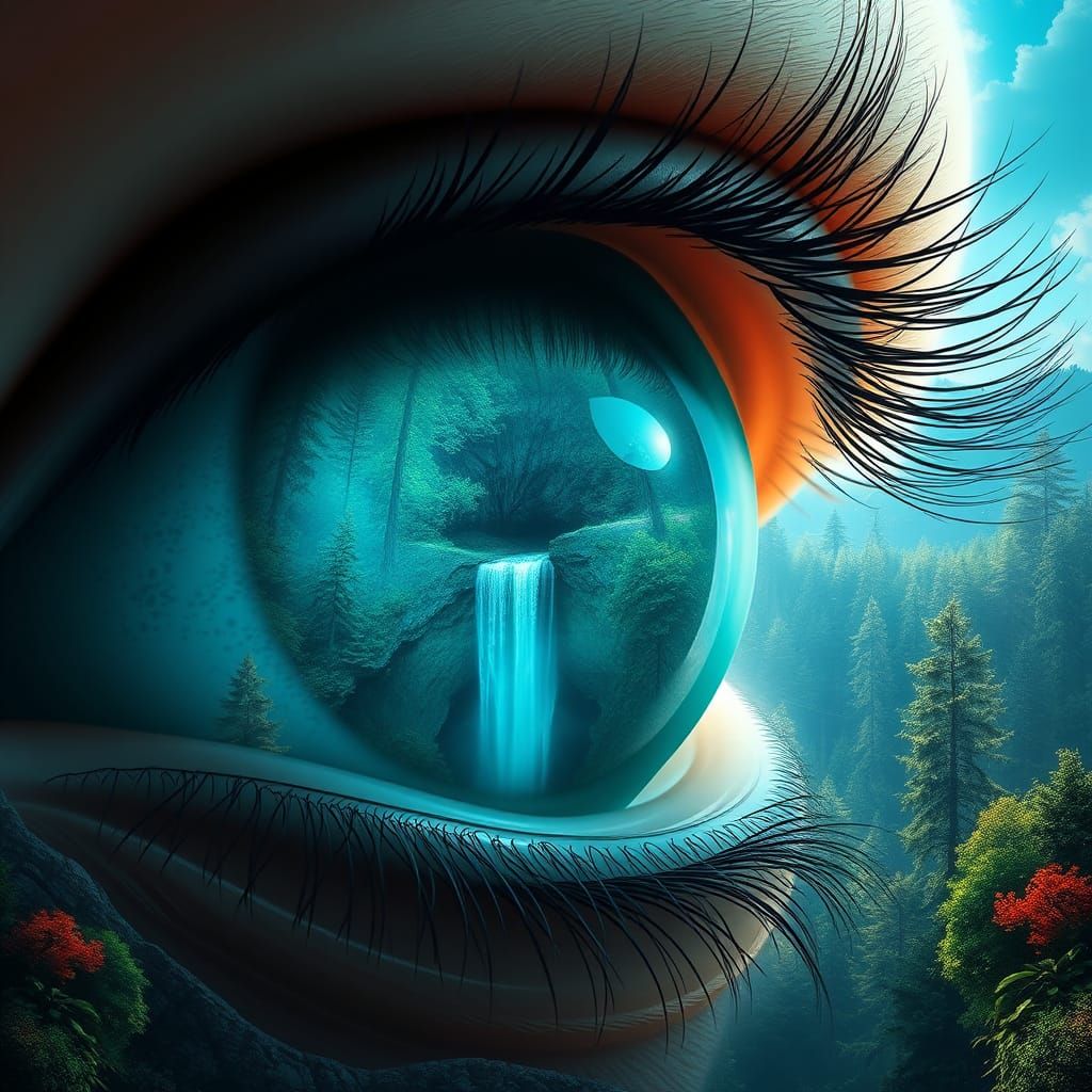 Turquoise Eye Reflects a Vast Enchanted Forest with a Cascad...