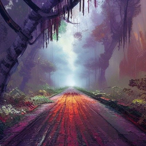 A dirt path road with a tree tunnel Wadim Kashin cubist acrylic art pixel art 3Delight astral post-apocalyptic glitchcor...