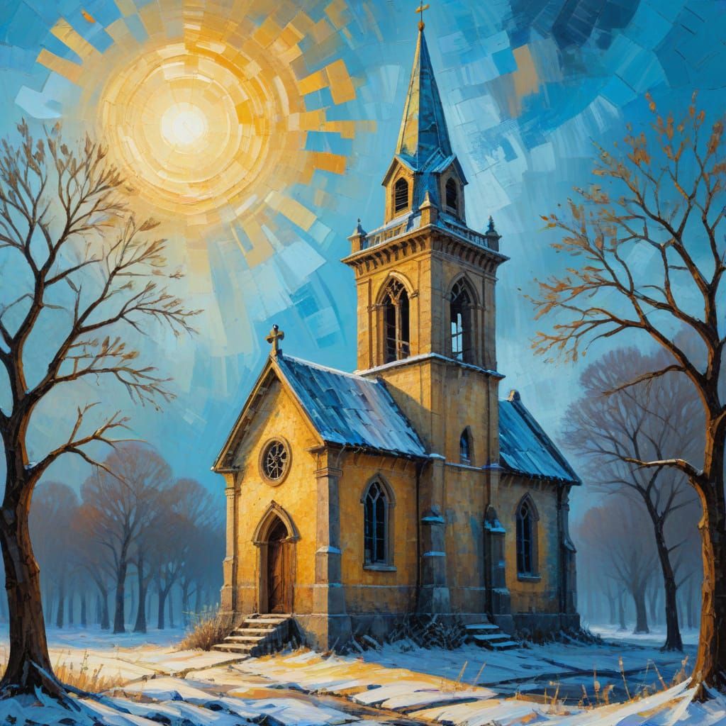 Spectral Spirit Haunts Winter Steeple: Neo-Impressionist Oil...