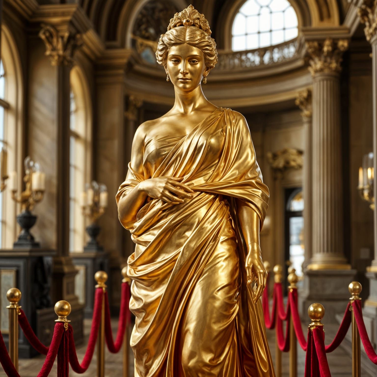 Regal Golden Goddess in Classical Museum Setting